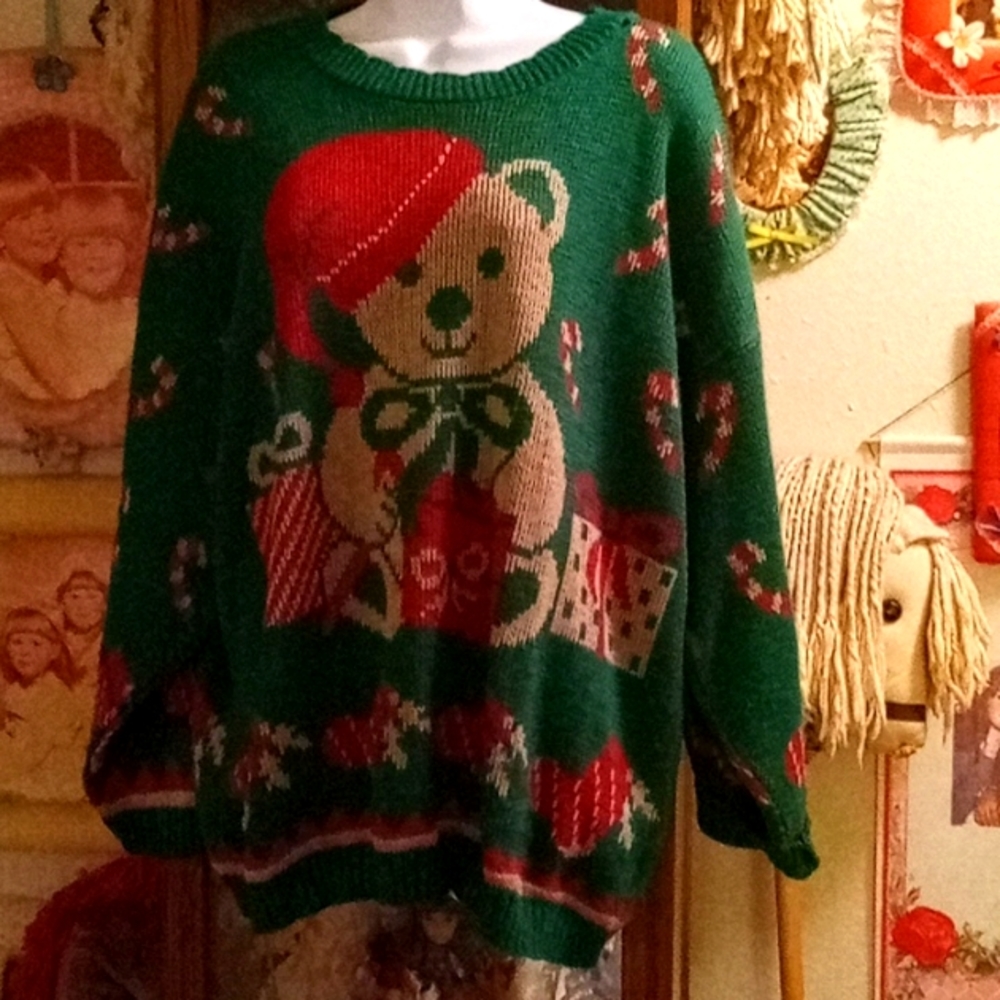 Vintage,Reversible,Christmas 🎄Sweater with Teddy  🐻, Candy Canes & Stockings